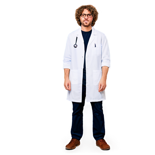 Thin, with long arms and legs. Curly and slightly disheveled, light brown hair. He wears a white lab coat even when he is not in the lab. Underneath the lab coat is a simple short-sleeved shirt and pants. He also has large round glasses that he constantly adjusts on his nose. The background is space - icon | sticker