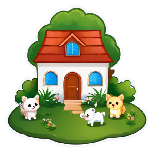 There is a house on the grass and there are animals around. - icon | sticker