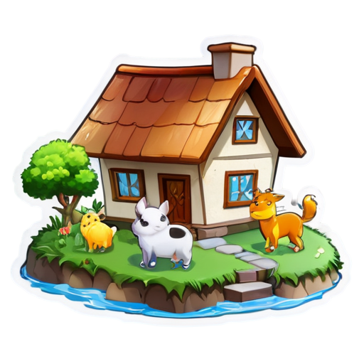 There is a house on the grass and there are animals around. - icon | sticker