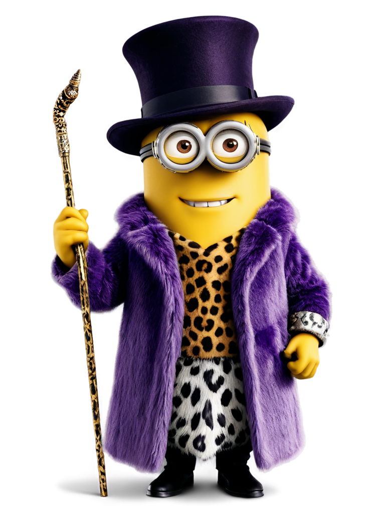 The Minion is wearing a luxurious purple fur coat, a wide-brimmed hat with a feather and leopard pattern band, and holding a silver-tipped cane. - icon | sticker