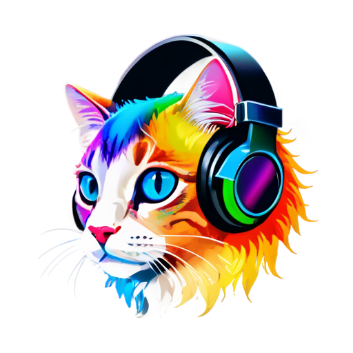 A rainbow cat head with headphones - icon | sticker