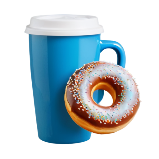 coffee in a blue mug, donut leaning up against the mug - icon | sticker