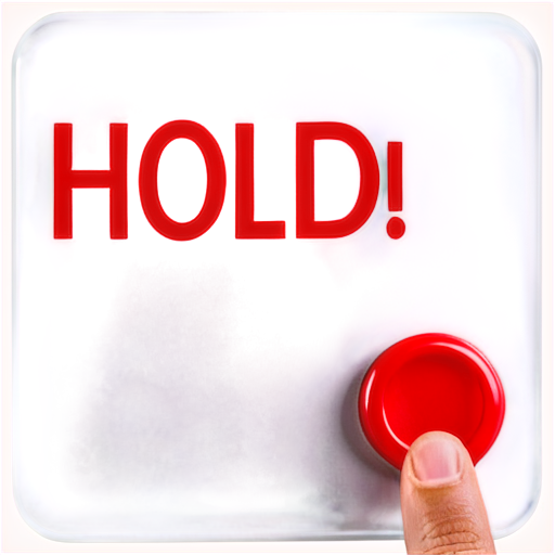 Big, square, lit from behind, red plastic button that says "HOLD, PLEASE!" on it spelled correctly and legible. - icon | sticker