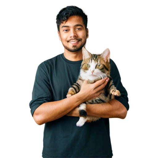 create an icon of a person holding cats in his arms, and a Mercedes behind him - icon | sticker