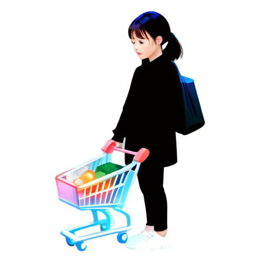 In a store, a girl bought a lot of groceries, but did not take a basket and now everything is falling out of her hands - icon | sticker