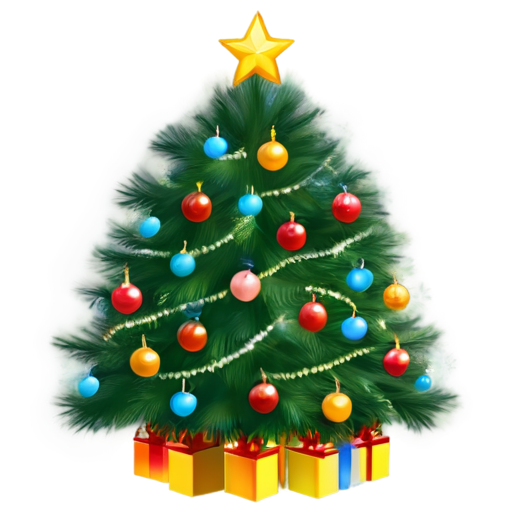 fireworks in the sky. New Year tree decorated with balls and garlands. gifts under the tree. - icon | sticker