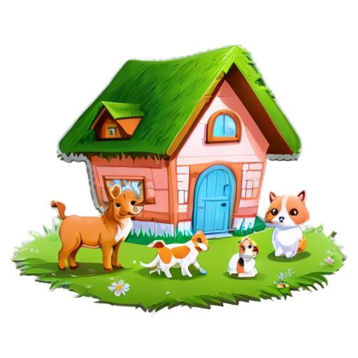 There is a house on the grass and there are animals around. - icon | sticker