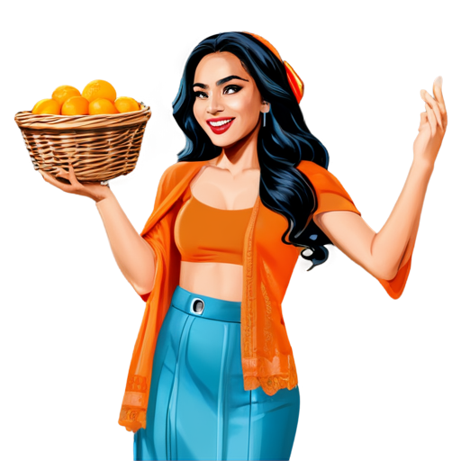 Design a Pop Art vector of a lively lady latín carrying a woven basket filled with an orange shawl. A vibrant and exuberant woman sending a WhatsApp message, with the iconic WhatsApp logo discreetly incorporated into the scene. - icon | sticker