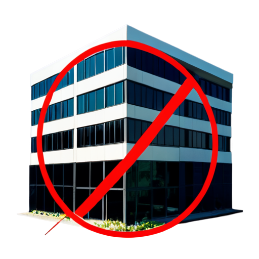 OFFICE BUILDING with a crossed out RED CIRCLE, refusal - icon | sticker