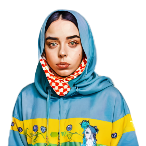 Create a digital illustration of Billie Eilish wearing a hijab, maintaining her signature style and aesthetic. The hijab should complement her unique fashion sense, possibly featuring bold patterns or colors. The focus should be on her expressive eyes and overall aura, capturing her individuality and artistic spirit. - icon | sticker