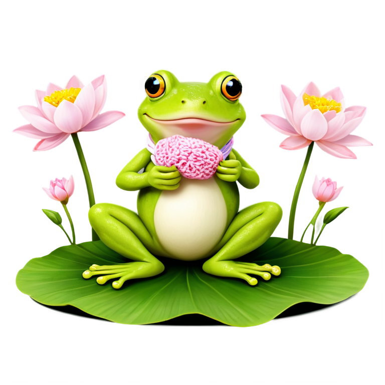 A Disney-style frog sitting on a lotus leaf, knitting a scarf with needles. The frog's expression is joyful and focused, with its tiny hands carefully working on the scarf. Surrounding it are blooming lotus flowers, adding soft pinks and whites to the vibrant green setting. The scene is whimsical and enchanting, with the frog's scarf growing longer as it knits, creating a charming, magical atmosphere in the style of animated Disney films - icon | sticker