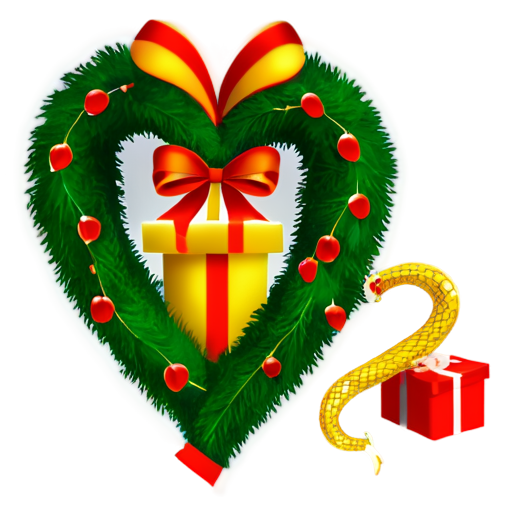 in the background is a New Year tree with gifts. in the foreground is a golden snake in the shape of a heart. the inscription "Health, love, prosperity" - icon | sticker