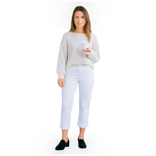 create a girl standing in a park holding a glass of coffee, dressed in a white sweater and white pants, with black loafers on her feet and a white bag, with her long hair loose - icon | sticker