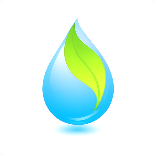 Design an icon featuring a water droplet and a green leaf within a circular frame. The water droplet should be light blue and smooth, representing purity and freshness, while the leaf should be vibrant green with visible veins, symbolizing nature and eco-friendliness. The circular frame should have a bold green outline, enhancing the overall appearance. The background should be simple and minimalistic to keep the focus on the water droplet and leaf, conveying a sense of harmony between nature and water. - icon | sticker