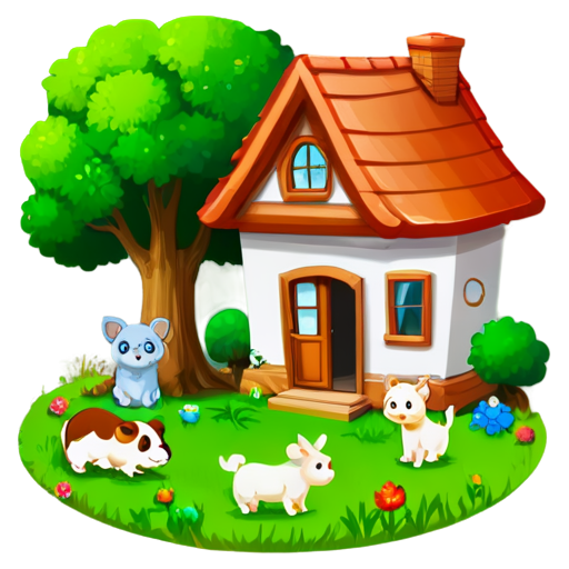 There is a house on the grass and there are animals around. - icon | sticker