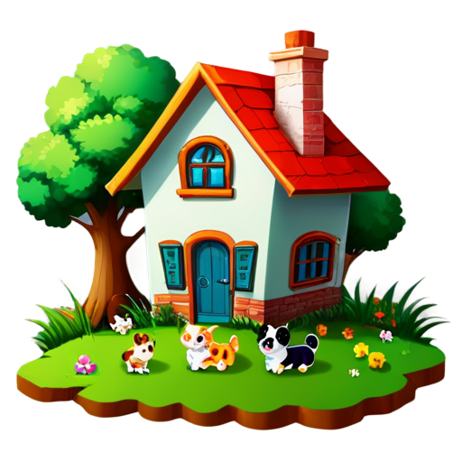 There is a house on the grass and there are animals around. - icon | sticker