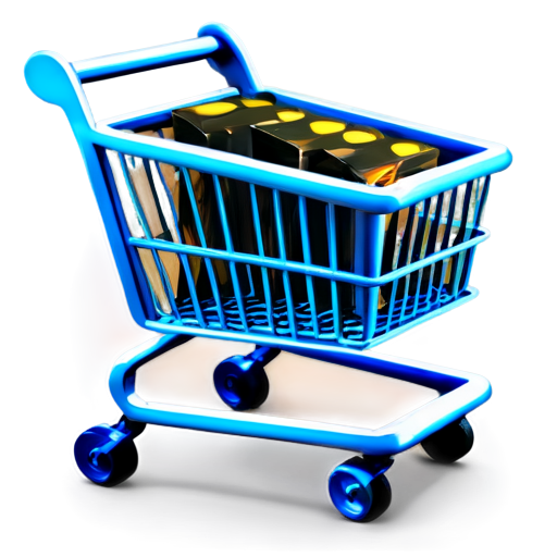 Shopping icon made out of blue, dark and silver metals. 4k, extreme details, vivid colors, 3d shopping cart filled with icons inside leaving a trail of cash behind - icon | sticker