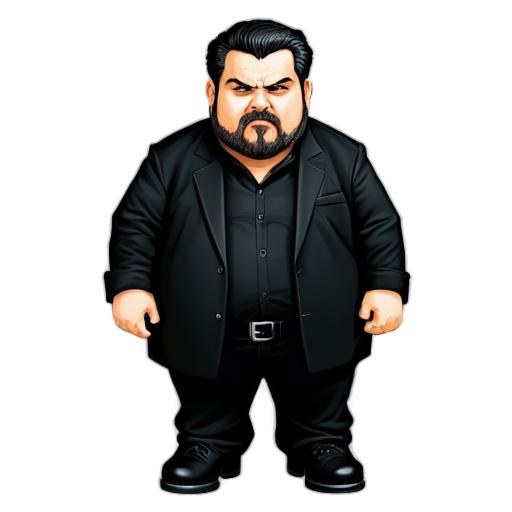 fat bearded man with BLACK darkhair and gray almost white beard and moustache, dressed in black tactic wear, with nothing in his hands, and wearing black boots, big open eyes and angry exression - icon | sticker