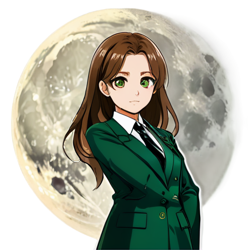 lawyer slavic brownhaired, green eyes girl with the moon on background, anime style - icon | sticker