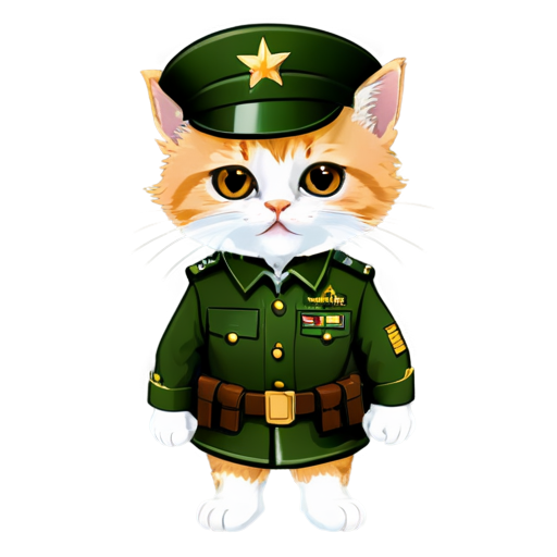 Angry kitten with brown eyes hands on hips in army generals uniform and hat with generals star cartoon - icon | sticker