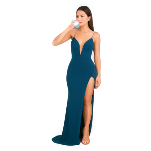 beautiful woman in expensive dress drinks water from glass - waist-up photo - icon | sticker