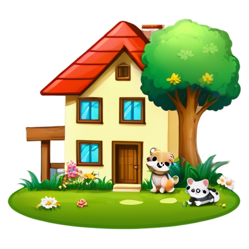 There is a house on the grass and there are animals around. - icon | sticker