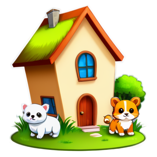 There is a house on the grass and there are animals around. - icon | sticker