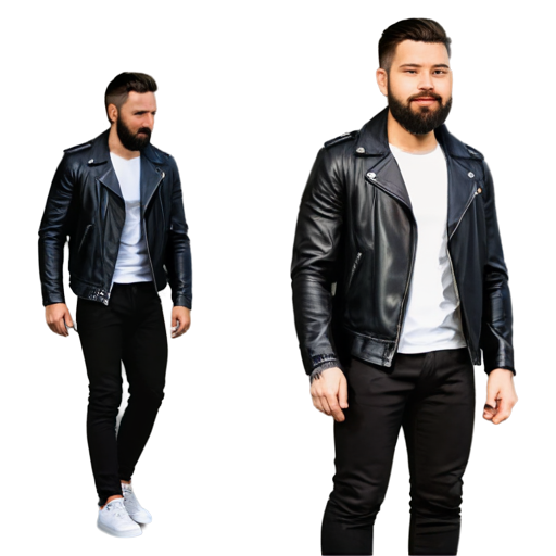 a man with a beard is teased and flirted with, a man should wear clothes such as, black leather jacket, white shirt, black trousers, white trainers. - icon | sticker