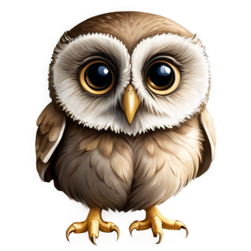 A small owl with large round eyes, a small beak, and tiny wings. Use soft, earthy tones like light browns and grays. - icon | sticker