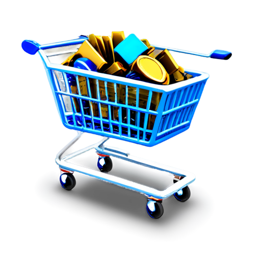 Shopping icon made out of blue, dark and silver metals. 4k, extreme details, vivid colors, 3d shopping cart filled with icons inside and money falling out - icon | sticker