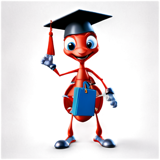 A cute 3d red ant wearing a graduation cap stands on two legs, holding a gear in its hand - icon | sticker