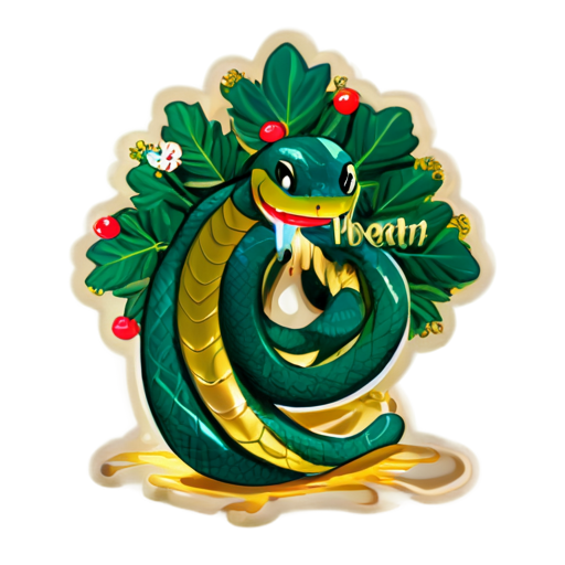 the inscription in gold letters "Love, health, prosperity!" against the background of a New Year tree and the symbol of the year - the snake - icon | sticker