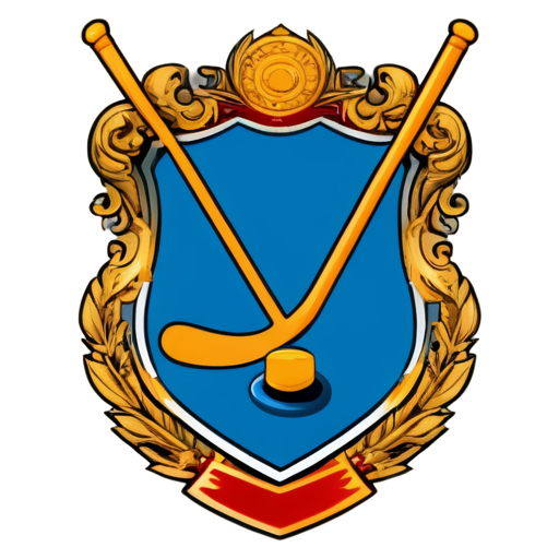 Hockey stick and puck placed in the coat of arms, color blue, logo - icon | sticker