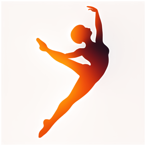 Create a minimalist icon for a dance studio. The icon should feature a dynamic silhouette of a dancer in motion combined with flowing lines to symbolize grace and energy. Use a modern gradient color palette transitioning from deep purple to vibrant red to orange - icon | sticker