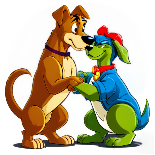 Poster of a fight between a dog named Lady from the 1955 cartoon Lady and the Tramp against Leonardo from the 1990 Teenage Mutant Ninja Turtles. Add the inscription "Battle of cartoons this Sunday" - icon | sticker