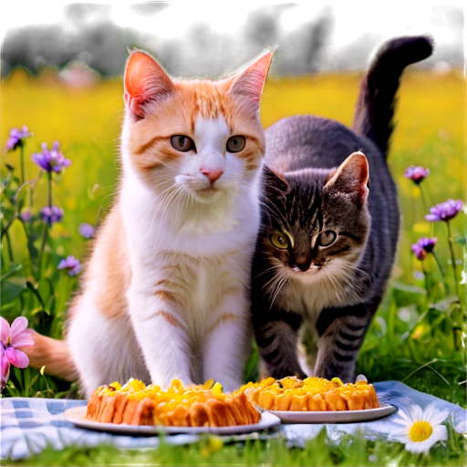 2 cats eating food against the backdrop of a field of flowers - icon | sticker