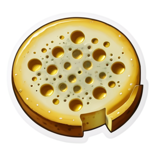 A whimsical sticker of the moon designed as a wheel of cheese with holes, resembling Swiss cheese. The moon-cheese has a soft, creamy yellow texture with realistic craters and a glowing aura, set against a transparent background. The sticker should be detailed and visually appealing, with a playful and imaginative tone. Size: 512x512 pixels. - icon | sticker