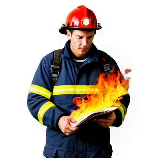 fireman with a study book, flames around - icon | sticker