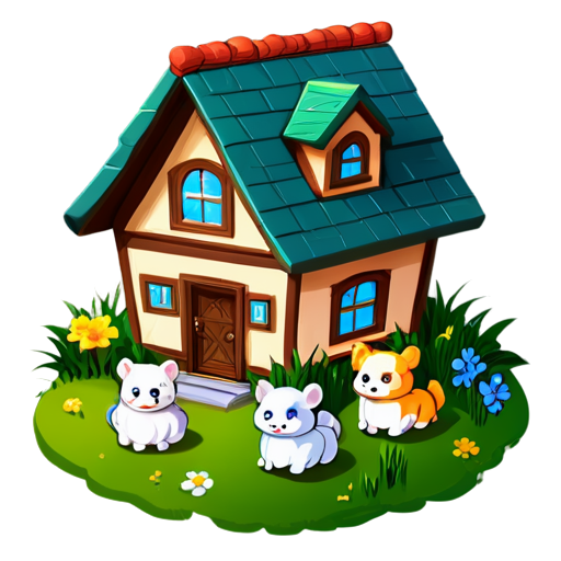 There is a house on the grass and there are animals around. - icon | sticker