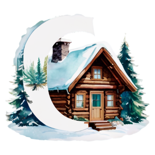 The large stylized letter C is filled with a winter landscape on a blue-green background with snowflakes. Pine branches and cones decorate the top, and a cozy cabin with a snow-covered roof stands among picturesque mountains and evergreen trees. The design conveys a festive, seasonal atmosphere. Watercolor - icon | sticker