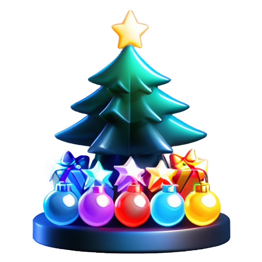 New Year tree decorated with balls and garlands. fireworks in the sky. gifts under the tree. - icon | sticker