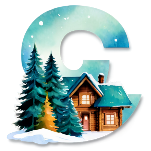 The large stylized letter C is filled with a winter landscape on a blue-green background with snowflakes. Pine branches and cones decorate the top, and a cozy cabin with a snow-covered roof stands among picturesque mountains and evergreen trees. The design conveys a festive, seasonal atmosphere. Watercolor - icon | sticker