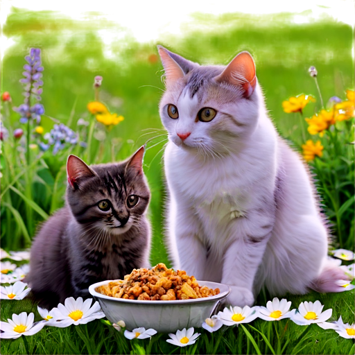 2 cats, eating food, against the backdrop of a field of flowers - icon | sticker