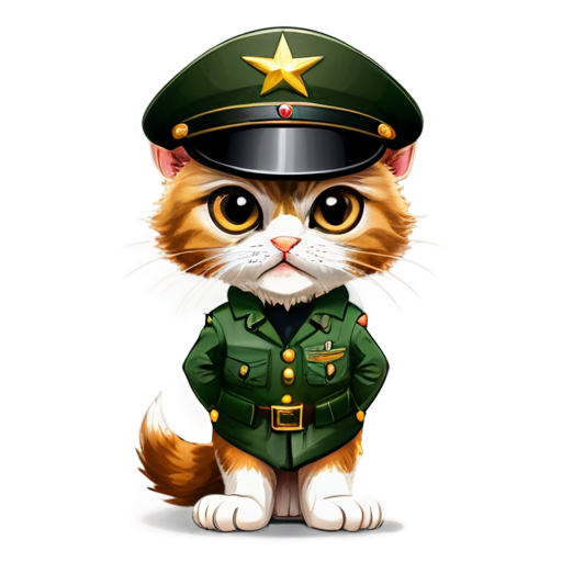 Angry kitten with brown eyes hands on hips in army generals uniform and hat with generals star cartoon - icon | sticker