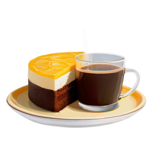 cake on a plate and coffee in a glass next to the plate in yellow-orange colors - icon | sticker