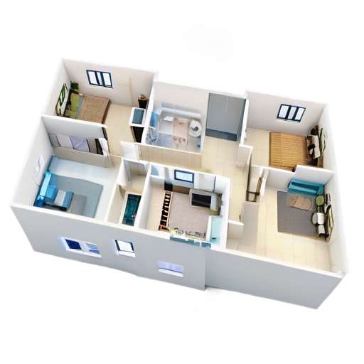 floor plan with several rooms, furnished, modern style, white doors and windows, curtains, pictures, carpets, with kitchen, living room, bedroom, entrance hall, TV room, office, children's room, realistic - icon | sticker