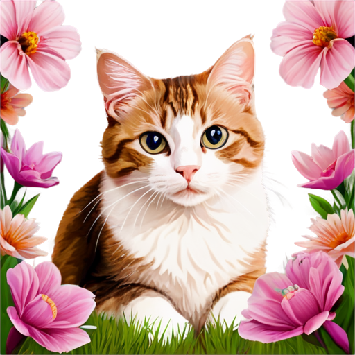 cat on a background of flowers - icon | sticker