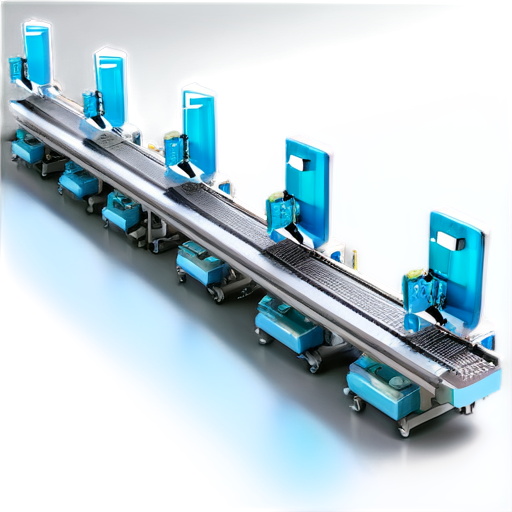 The image shows a modern 3D industrial platform with an automated assembly line. Robotic arms work along a conveyor belt, handling and assembling components. A large central machine with an enclosure seems to perform quality checks. Small robotic carts with mechanical arms transport parts around. The color scheme is sleek, with light blue, white, and gray tones, giving it a clean, high-tech feel. - icon | sticker