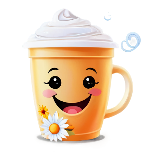 A cheerful coffee cup with a big smiling face, cartoon style, warm pastel tones, steam coming out, cozy and friendly look, surrounded by summer elements like sun, beach, and flowers. - icon | sticker