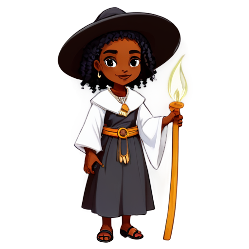 African witch Obaifo in traditional African costume, black and white medieval minimalist illustration, without background - icon | sticker